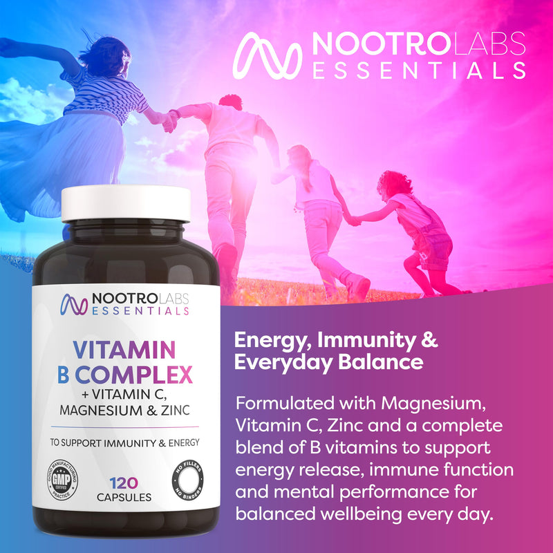 Nootro Essentials Vitamin B Complex with Vitamin C, Magnesium and Zinc, High Strength Vitamin B Supplement for Energy Metabolism and Immune Support, (60 Servings, 2 Month Supply)