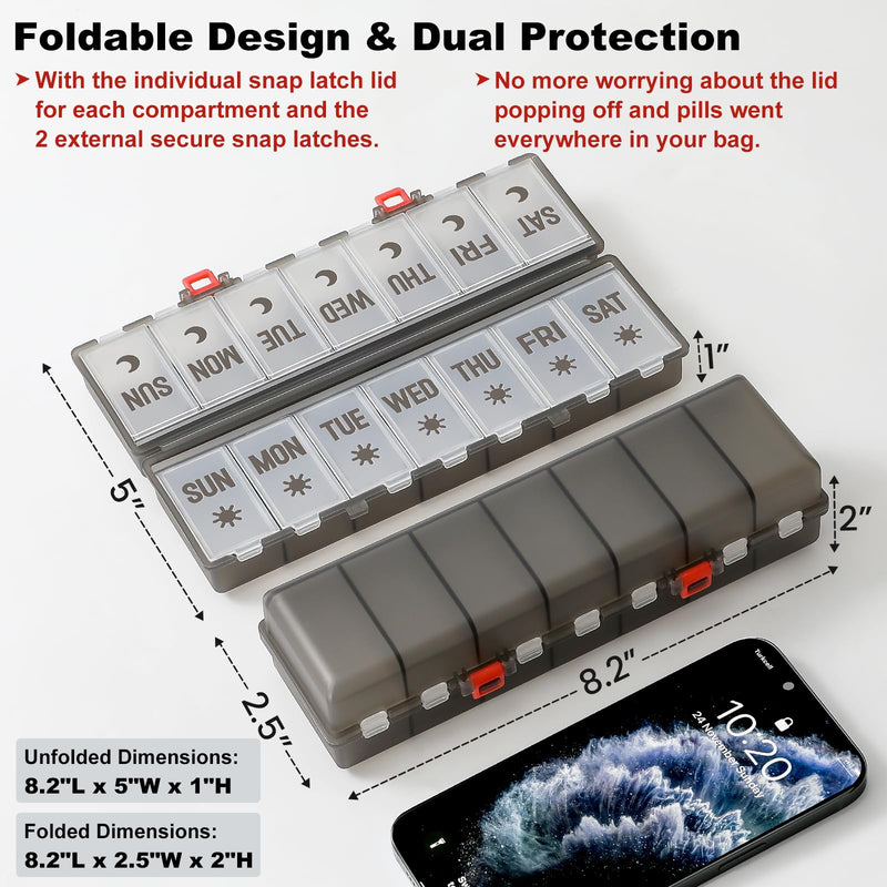 Foldable Pill Organizer 2 Times a Day w/Etched Labels -Dual Protection & Portable Weekly AM PM Pill Box, 7 Day Medicine Container, Large Travel Pill Case for Daily Supplement Vitamin -Clear Black Clear Black