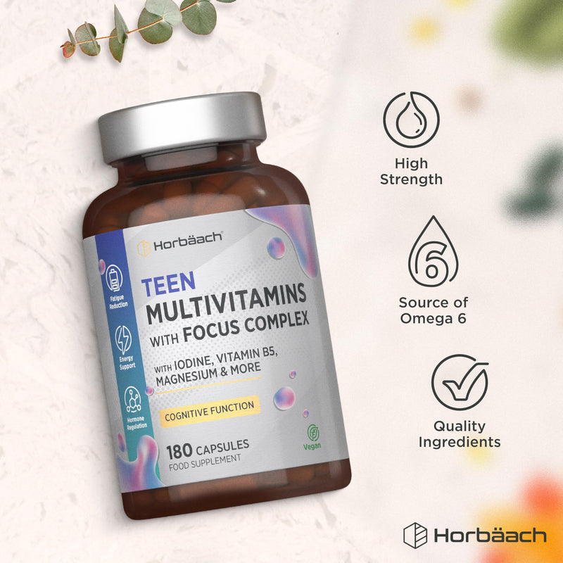 Multivitamin Tablets for Teenagers with Focus Complex | 180 Capsules | High Strength Complex with Vitamin B6, B5, Magnesium, Iron and Zinc | Vegan Supplement for Teens 13+ | By Horbaach