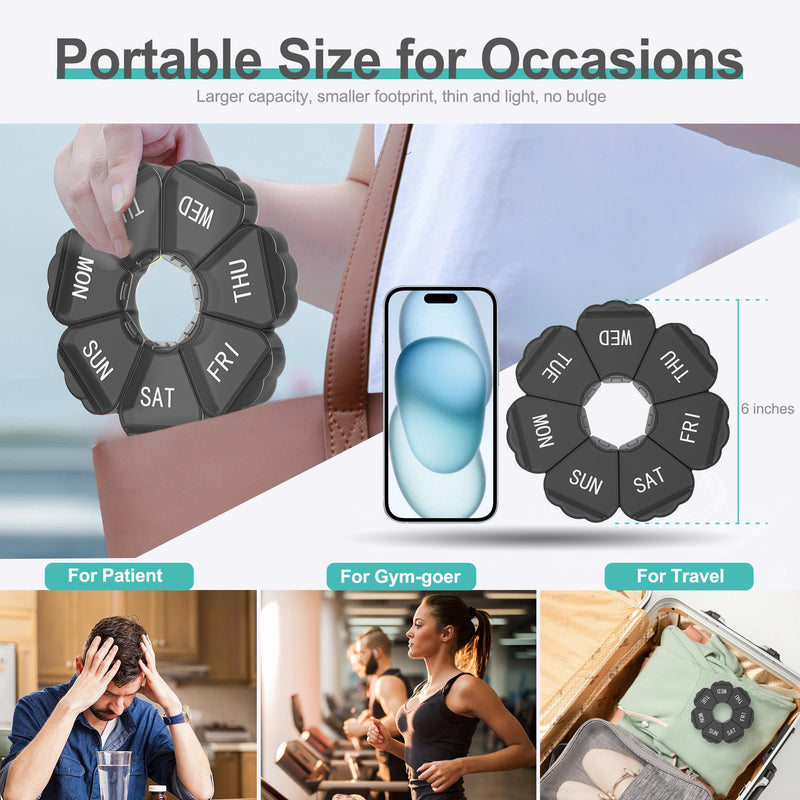 Enlarged Weekly Pill Organizer 7 Day, Daily Pill Box with Never Faded Etched 3D Date Labels, Travel Pill Case with Large Compartment for Medication, Vitamin, Fish Oil, Supplements(Black) Black
