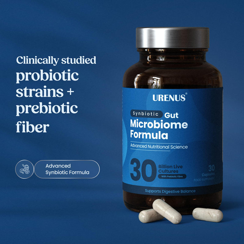 URENUS Synbiotic Gut Microbiome Formula 30 Billion Live Cultures 5 Clinically Studied Strains with Inulin FOS Prebiotic Fibre 30 Capsules