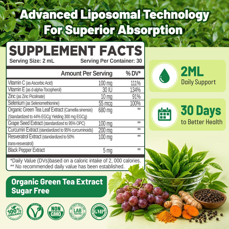 Liposomal Green Tea Extract Liquid, Organic Green Tea Supplement | With Vitamins, Resveratrol & Grape Seed, Antioxidant & Immune Support, Adults & Kids, Organic,Vegan,Blueberry Flavor,2 FL OZ