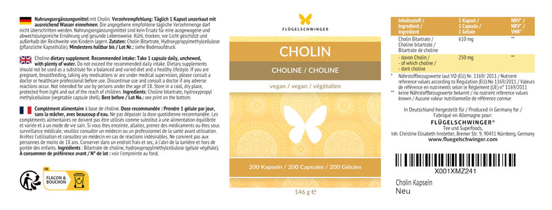 [Australia] - 200 choline capsules for 6 months, for normal fat metabolism and normal liver function, without additives, vegan 