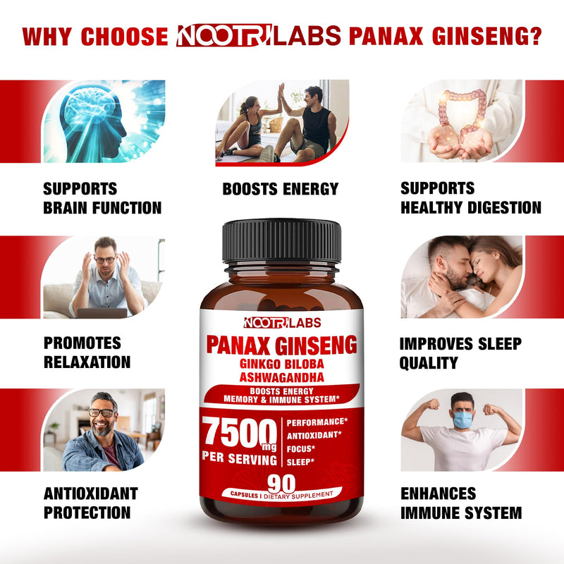 [Australia] - Korean Red Panax Ginseng 7500mg Highest Potency with Ginkgo Biloba and Ashwagandha, Boost Energy, Memory, and Immune System - Focus Supplement Pills for Men and Women, 90 Vegan Capsules 