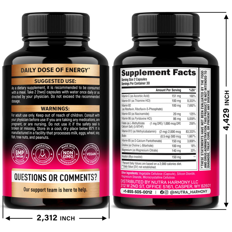 Vitamin B Complex for Men & Women - Full B-Complex & Vitamin B12 - 60 Caps | B1, B2, B3, B5, B6, B7, B9, B12 with Vitamin C, Magnesium, Choline, Inositol - Energy, Brain & Mood Support Supplement 60 Count (Pack of 1)