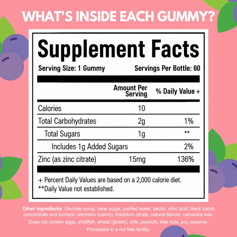 Viteey Zinc for Kids Gummies - 15mg - Tasty Chewable Berry Flavor Gummy | Immune Support - Powerful Natural Antioxidant, Kids Zinc Vitamin Supplement - Vegan, Gelatin Free, Gluten Free - 60 Count 60 Count (Pack of 1)
