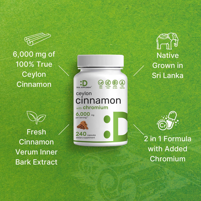 [Australia] - Ceylon Cinnamon 6000mg with Chromium 1000mcg, 240 Capsules | Active Inner Bark Extract, True Sri Lanka Source | Natural Cinnamon Supplements 