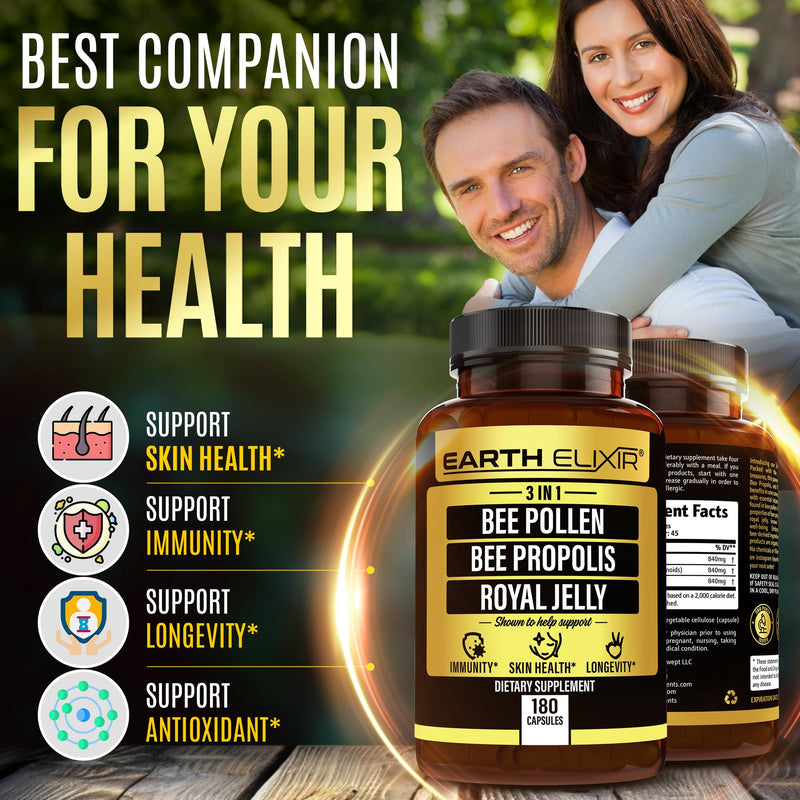 [Australia] - 3-in-1 Bee Pollen Organic 840mg (180 Caps) W/ 840mg Bee Propolis Capsule & 840mg Royal Jelly Capsule - 3rd Party Tested - Bee Pollen Supplement - Organic Bee Pollen Capsule -No Fillers 