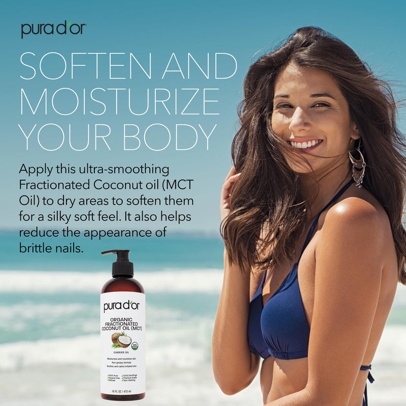 [Australia] - PURA D'OR 16 Oz ORGANIC Fractionated Coconut Oil - MCT Oil - 100% Pure & Natural USDA Certified Cold Pressed Carrier Oil - Unscented, Hexane Free Moisturizer For Face, Skin & Hair Tonic - Men & Women 