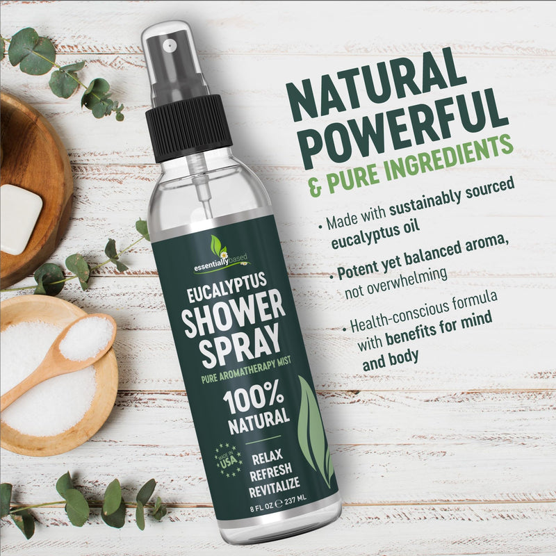 Pure Eucalyptus Shower Spray - Eucalyptus Spray for Shower, Sauna and Spa | 100% Pure & Organic Oil - Steam Room Oil - Aromatherapy - Sinus Congestion Relief - Tension Relief - Made in USA - Big (8oz) 8 Fl Oz (Pack of 1)