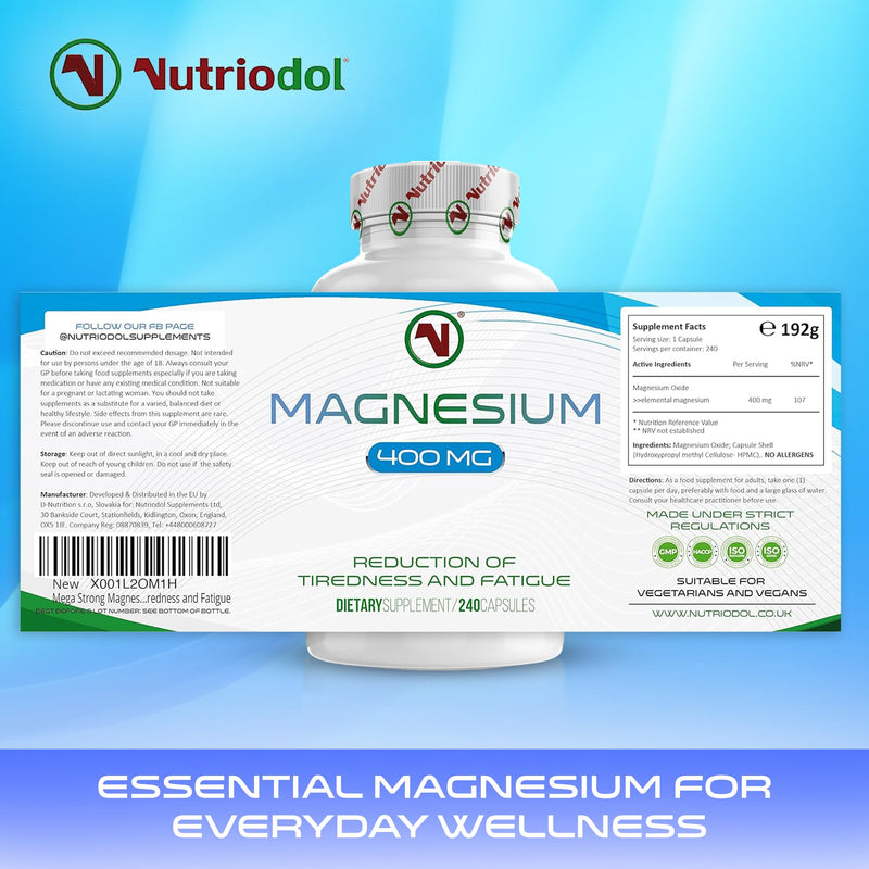 Mega Strong Magnesium Capsules 400mg | 240 Easy to Swallow Supplements | 8 Months Supply | Reduce Tiredness and Fatigue 240 count (Pack of 1)