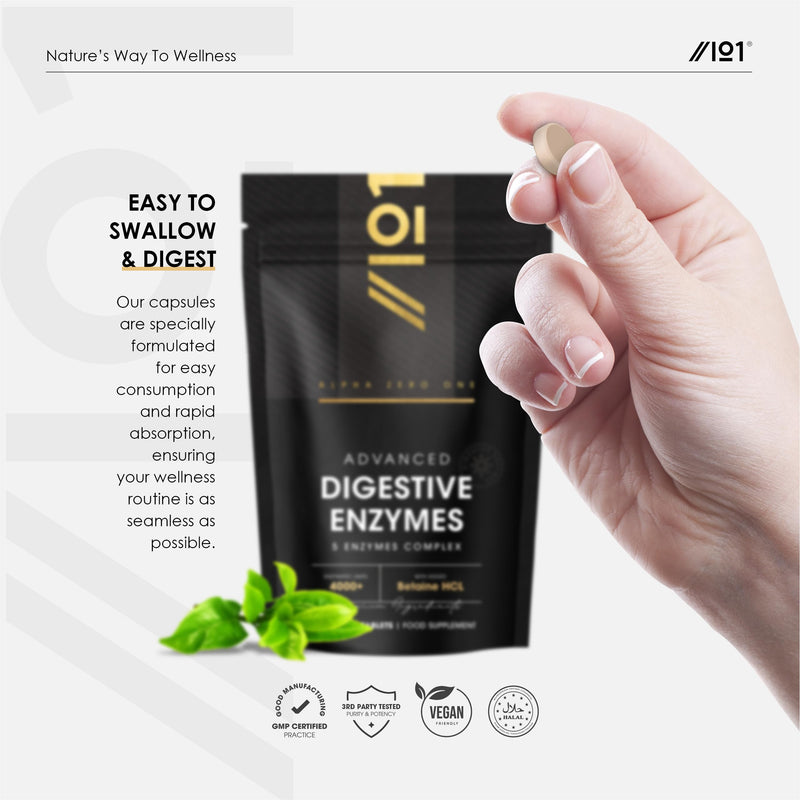 Digestive Enzyme Complex 4000 U with Betaine HCL – 60 Vegan Tablets – Potent 5 Figestive Enzymes Complex – Resealable and Recyclable Pouch by Alpha01