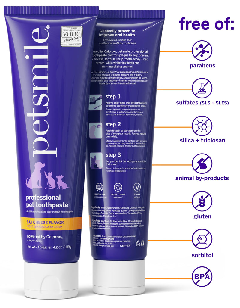 [Australia] - Petsmile Professional Pet Teeth Brushing Kit for Cats & Dogs - Only VOHC Accepted Toothpaste & Patented Toothbrush - Proven to Control Plaque & Tartar Calprox Formula (Say Cheese, 4.2 Oz) Say Cheese 4.2 Ounce (Pack of 1) 