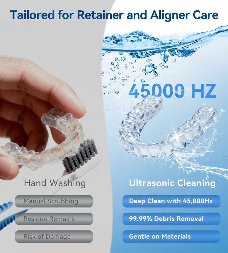 [Australia] - Ultrasonic Retainer Cleaner, 45kHz Retainer Cleaner Machine with Digital Timer & 4 Modes, 200ML Portable Dental Cleaning Pod for Aligners, Dentures, Night Guards, Braces, Jewelry, Black 