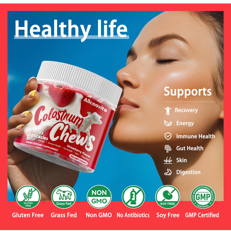 [Australia] - Bovine Colostrum Chews Supplement with probiotics for Gut Health, Bloating, Immune Support, Skin, Hair Growth and Beauty - Strawberry Flavor (60 Servings) 60 Count (Pack of 1) 