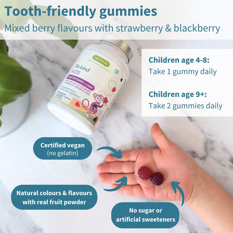 Igennus Methylated Kids Multivitamin Gummies, 90 Sugar Free Berry Gummies | Growth, Brain & Immune Support, Bioavailable B-Vitamins, Methylfolate & Methylcobalamin, Vegan, Age 4+, Third-Party Tested