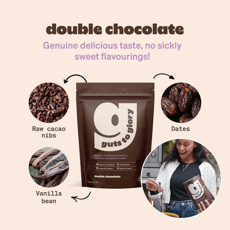 Guts to Glory - Gut Health Blend Made in UK with wholefoods - 50 Billion CFU Complete Gut Powder - Probiotics, Prebiotics/Fibre, Digestive Enzymes - Vegan Gut Health - (Double Chocolate) Double Chocolate