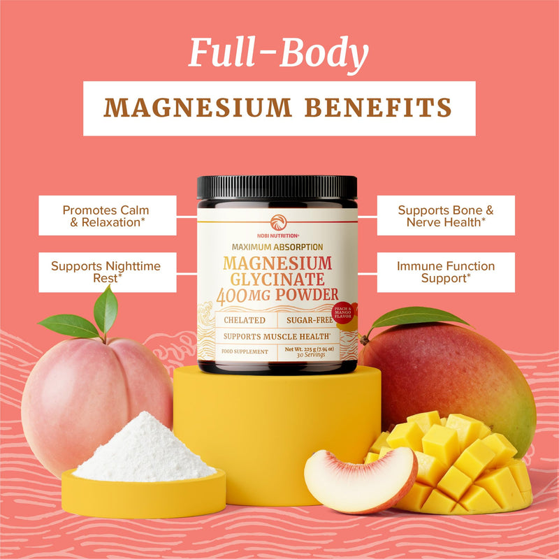 Magnesium Glycinate Powder 400MG | Muscle & Relaxation Support | Peach Mango Flavor Drink | High Absorption Chelated Magnesium Powder | Vegan, Gluten-Free, Non-GMO | 30 Servings | 225g (7.94oz)