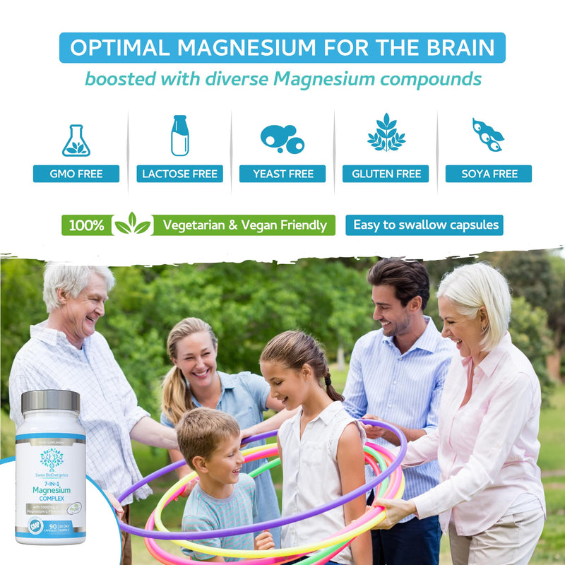 Magnesium L-Threonate Complex 7-in-1 with 1000mg of Magtein Plus Magnesium as Bisglycinate, Taurate, Citrate, Gluconate, Malate & Lactate - Supports Sleep - Vegan, UK Made and No Artificial Nasties