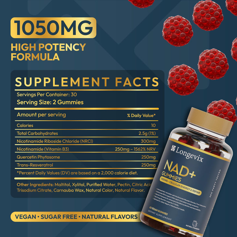 NAD+ Gummies 1050mg – 4-in-1 Booster with NR 300mg + Trans-Resveratrol 250mg + Pure Nicotinamide 250mg + Quercetin-250mg Per Serving – Vegan Sugar-Free – 60 Count (30-Day Supply)