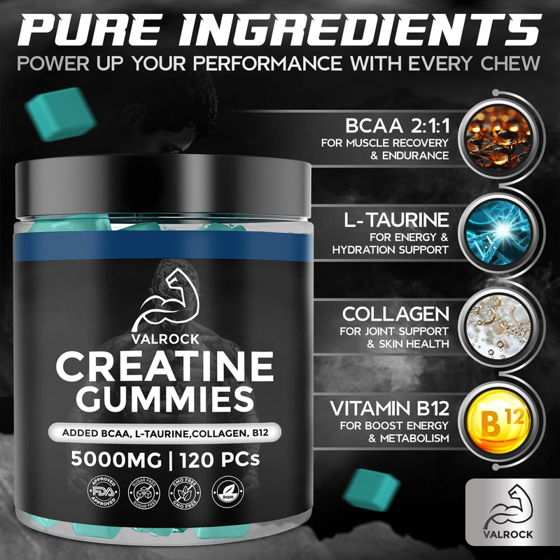 Creatine Gummies 5000mg 120 Gummies - Added L-Taurine, BCAA's, Collagen, B12 - Pure Creatine Monohydrate for Muscle Recovery, Strength & Performance - Mixed Berry Flavour (1 Month Supply)