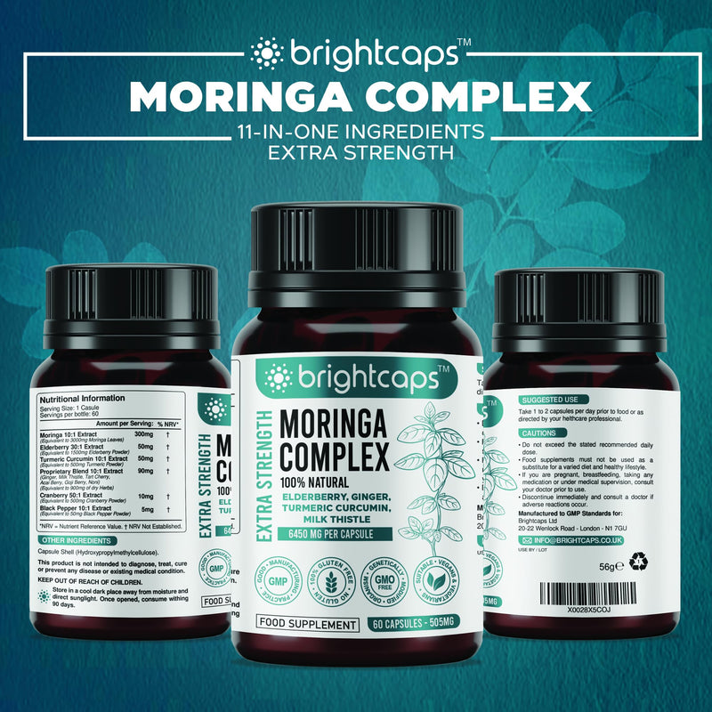 Moringa Complex - 3000mg Moringa Powder with Turmeric, Elderberry, Cranberry | Proprietary Blend with Vitamins, Antioxidants & Amino Acid - Immune Health Support | Non-GMO, Gluten Free, 60 Vegan Caps