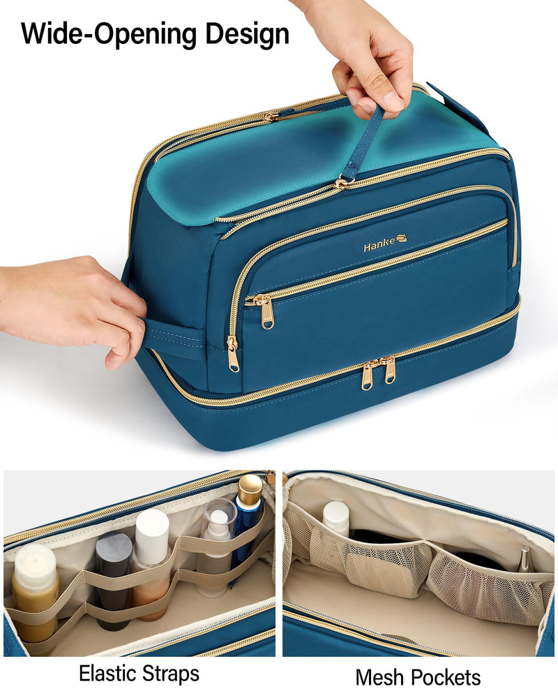 Hanke Travel Toiletry Bag, Lightweight Wide-open Makeup Bag, Dual-Layer Travel Bag for Toiletries Water-Resistant Cosmetic Bags Large Toiletry Bags for Women & Men, Travel Essentials, Navy Blue