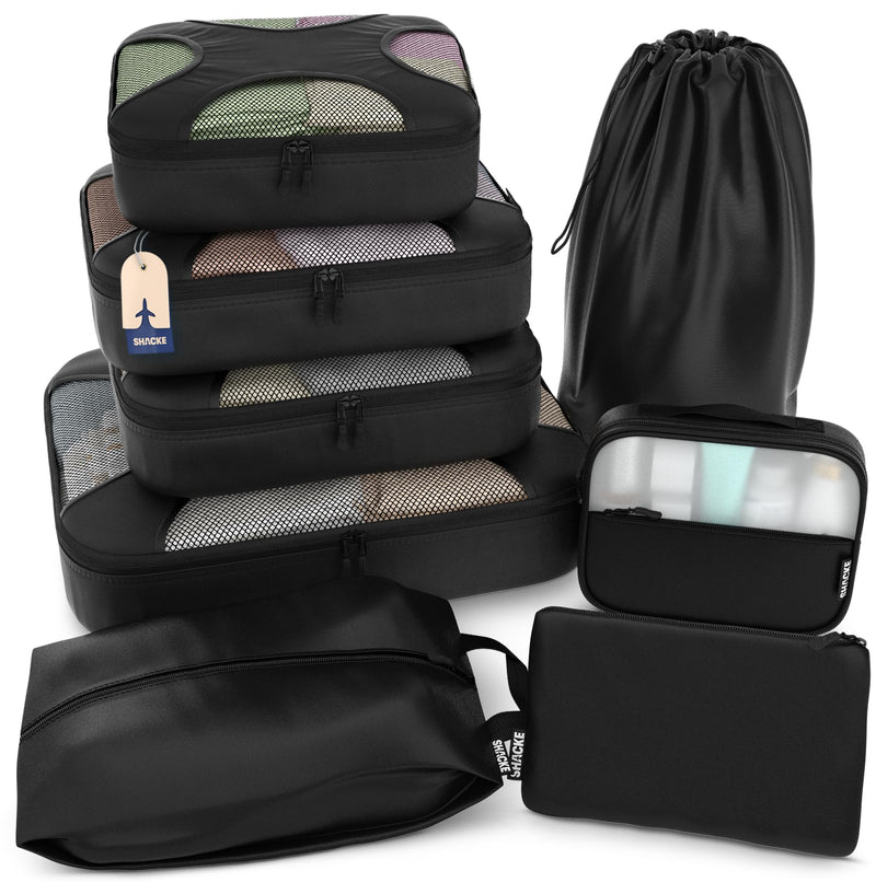 SHACKE | Large Luggage Tag (Black) & Premium 5 Packing Cubes Set (Pure Black) Bundle | Luggage Tag Privacy Cover and Steel Loops | Lightweight Mesh Travel Luggage Organizers with Laundry Bag