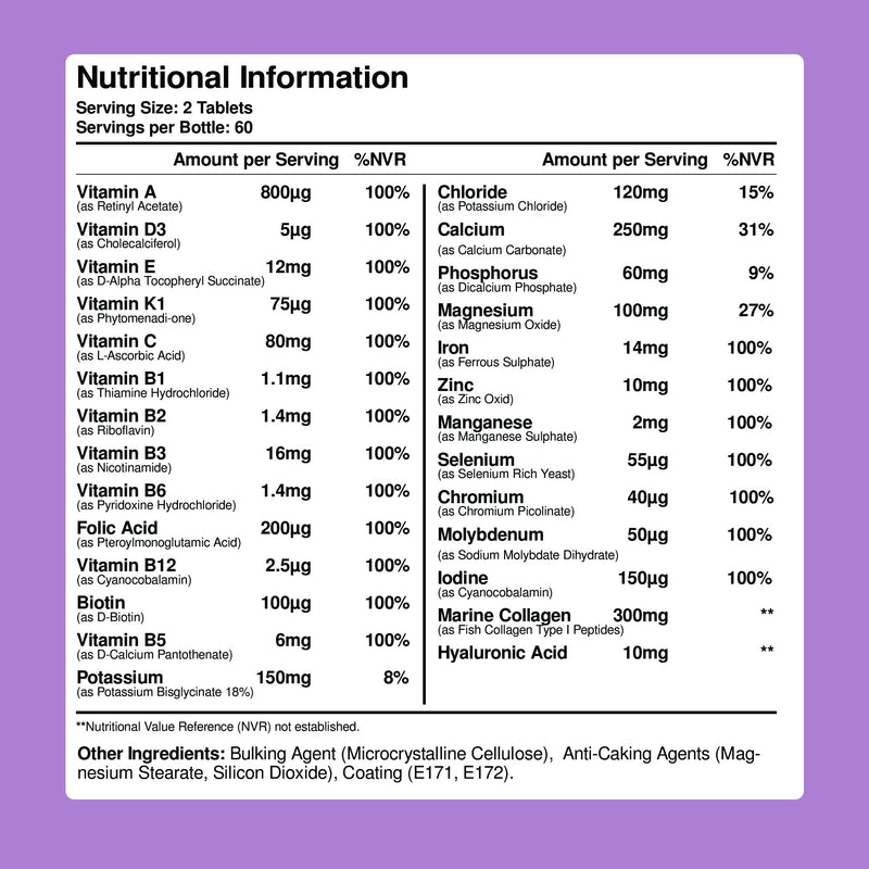 Women's Multivitamins and Minerals Enhanced with Collagen & Hyaluronic Acid - 27 Key Essential Ingredients Immune System & Health Support | 60 Tablets | Gluten Free