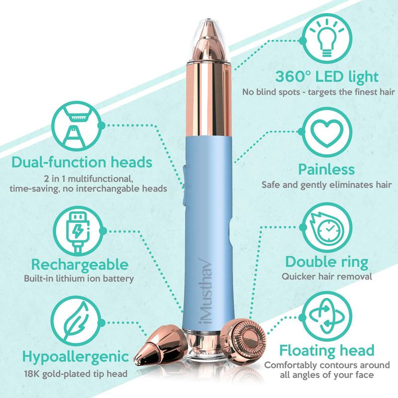 2 in 1 Flawless Eyebrow and Facial Hair Remover for Women Painless Electric Razor Epilator Trimmer Shaver with 18K Gold-Plated, USB Rechargeable, 360° LED for Eyebrow and Face Hair Removal Combo 2 in 1 Crystal Blue