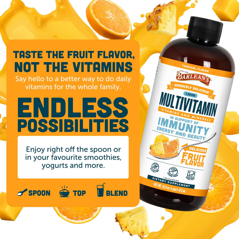 Barlean's Tropical Liquid Multivitamin, 21 Vitamins & Minerals, 16oz | Biotin, B-complex, vitamins C, D3 & K2, Smoothie-like liquid, Non-GMO, Gluten-free, For women, men & kids, Wellness 16 Fl Oz (Pack of 1)