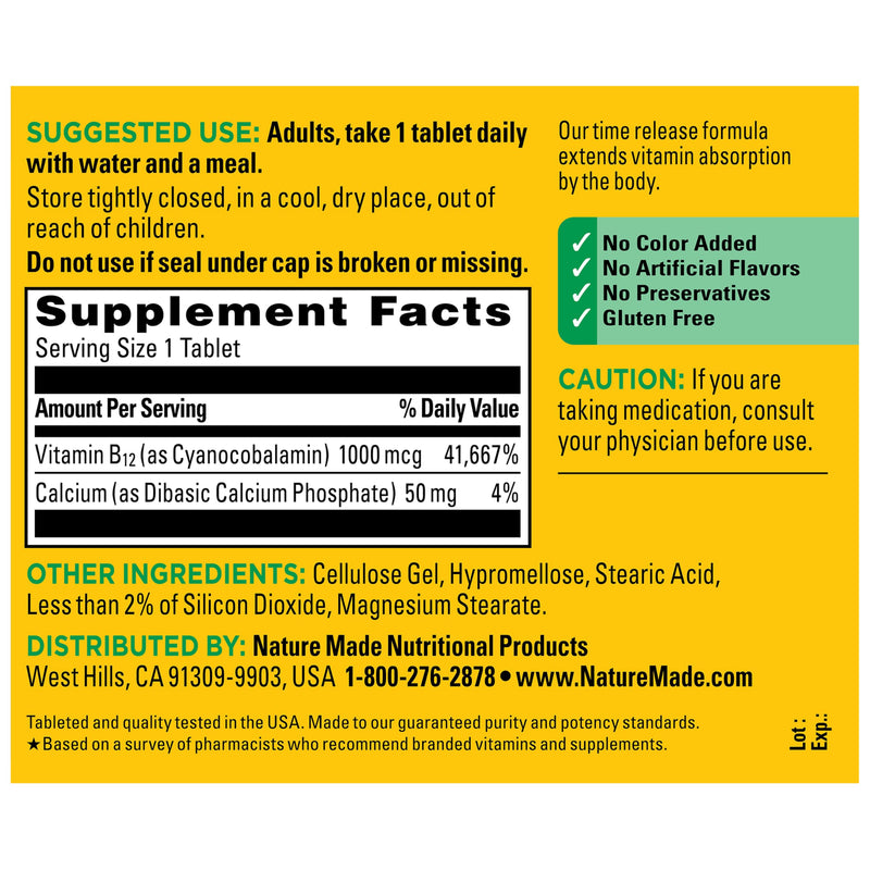 Nature Made Vitamin B12 1000 mcg Time Release Tablets, 160 Tablets | B12 Vitamins for Women and Men, Dietary Supplement for Energy Metabolism Support, Gluten Free, 160 Day Supply Unflavored 160 Count (Pack of 1)