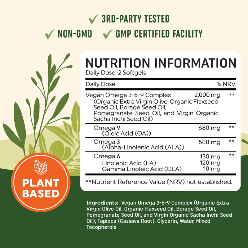 Vegan Omega 3 6 9 Supplements | 2000MG Plant-Based Triple Omega 369 Blend | Heart, Brain, Skin, and Eye Health Support | Vegan Fish Oil Alternative | Essential Fatty Acids Complex | Non-GMO | 60 Ct Vegan Omega 3-6-9, 60ct