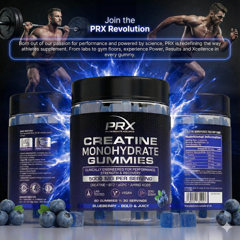 PRX Creatine Gummies 5000mg – Blueberry | Vegan Creatine Monohydrate with B12, L-Taurine & Amino Acids | Muscle Growth, Strength & Recovery | Zero Sugar • Eurofins Tested • 90 Gummies (Blueberry)