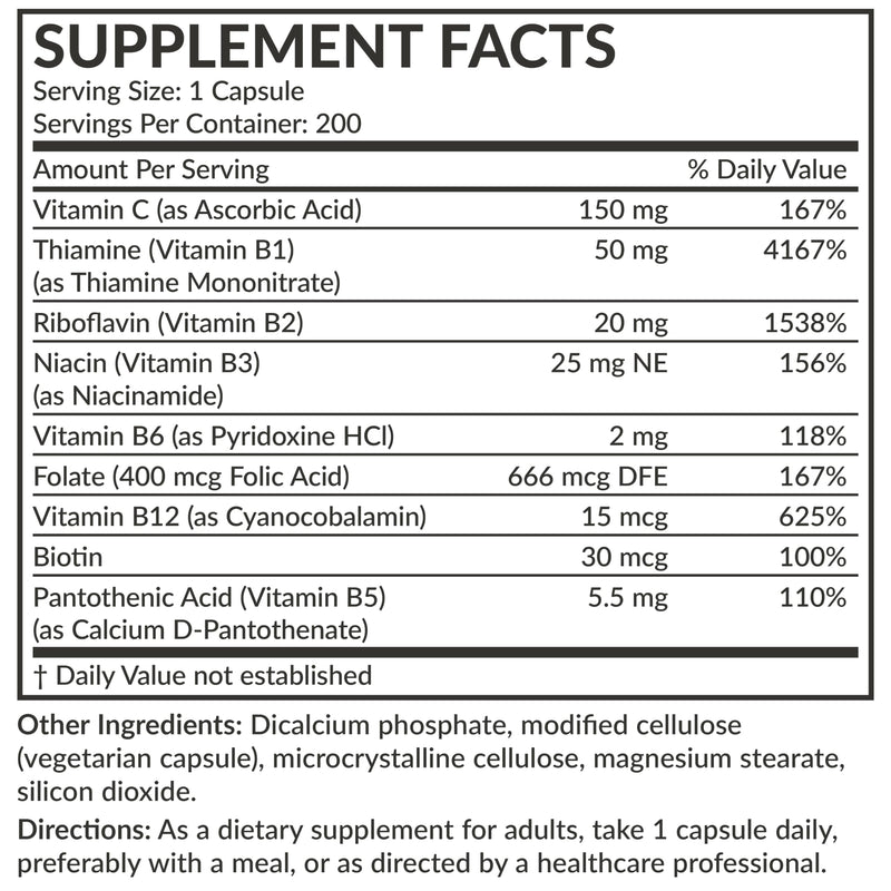 Futurebiotics Vitamin B Complex with Vitamin C Supports Energy Production, Nervous System & Immune Support - Non-GMO, 200 Vegetarian Capsules 200 Count (Pack of 1)