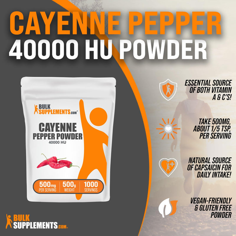 BulkSupplements.com Cayenne Pepper 40000 HU Powder - Capsaicin Supplements, Cayenne Pepper Supplements, Cayenne Pepper Powder - Capsicum Powder, Gluten Free, 500mg per Serving, 500g (1.1 lbs) 1.1 Pound (Pack of 1)