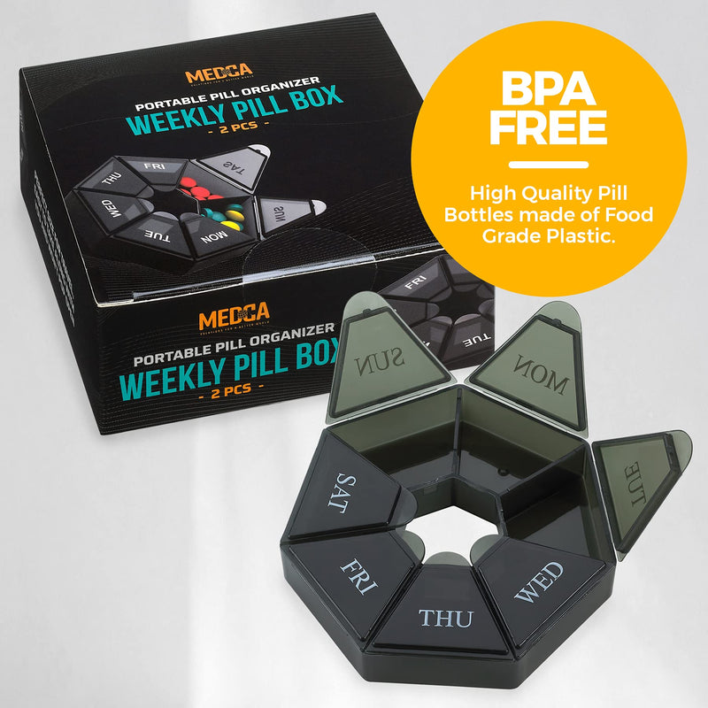 Weekly Pill Organizer - (Pack of 4) 7-Day Pill Container - Arthritis Friendly Portable & Compact Travel Case Daily Compartment Medicine Pills Box for Supplements, Medication, Vitamins and Fish Oils