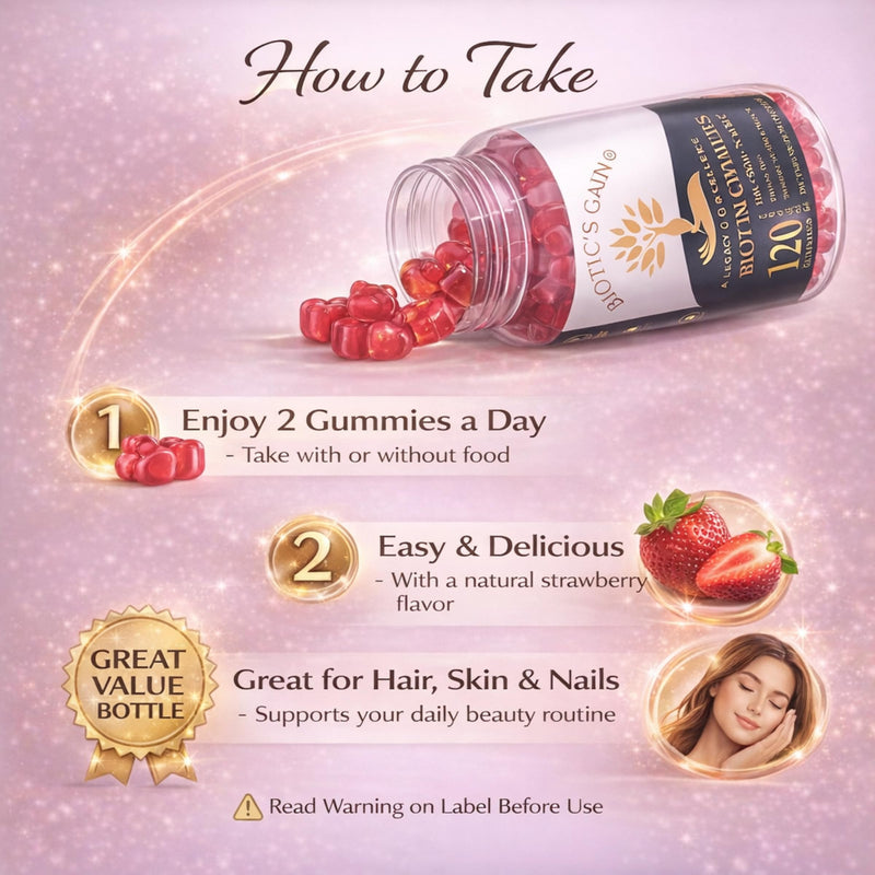 Biotic's Gain Biotin Gummies, 10000 mcg, Hair Skin and Nail Support, with Vitamins A C D E B6 B12 and Zinc, Vegan, Sugar Free, 120 Count
