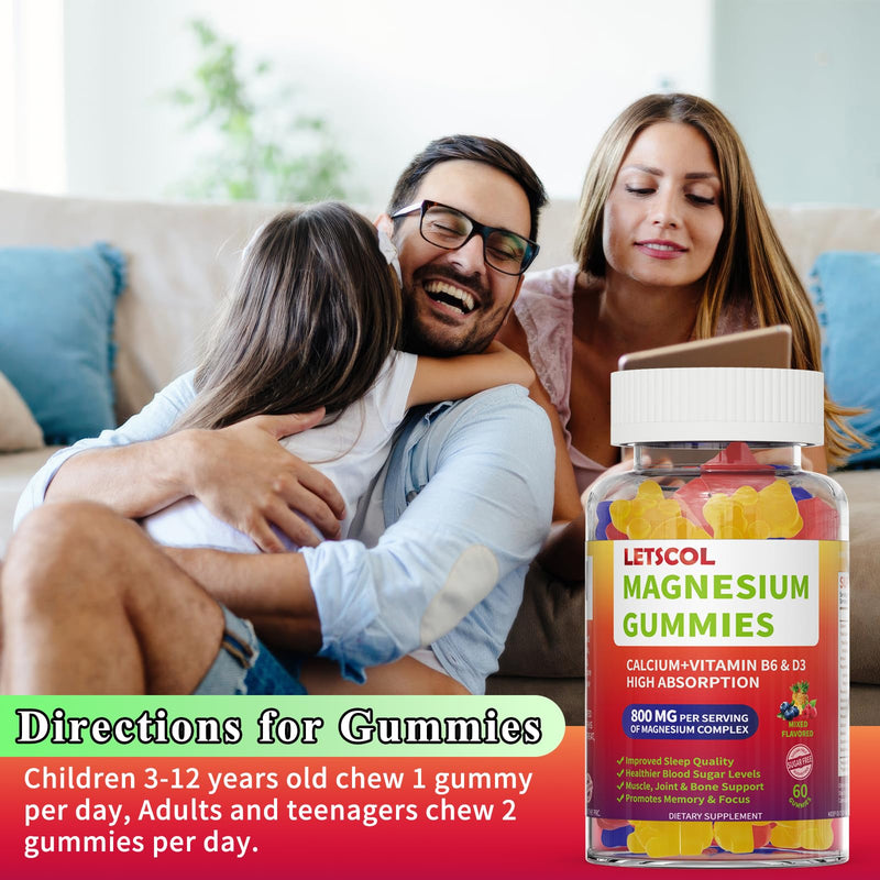 Magnesium Glycinate Gummies, Sugar Free Magnesium Supplement with Magnesium Malate, Calcium, Vitamin D3, B6, CoQ10 for Calm Support & Sleep for Adults Kids Mixed Fruit 60 Count (Pack of 1)