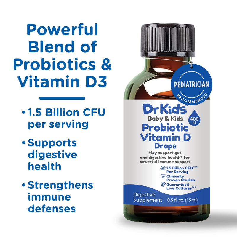 Dr. Kids Probiotic Vitamin D Drops - Supports Infant & Child Gut Health, Helps Reduce Gas, Colic & Fussiness, Baby Probiotic Drops with Vitamin D3, Pediatrician Recommended, Unflavored, 15ml