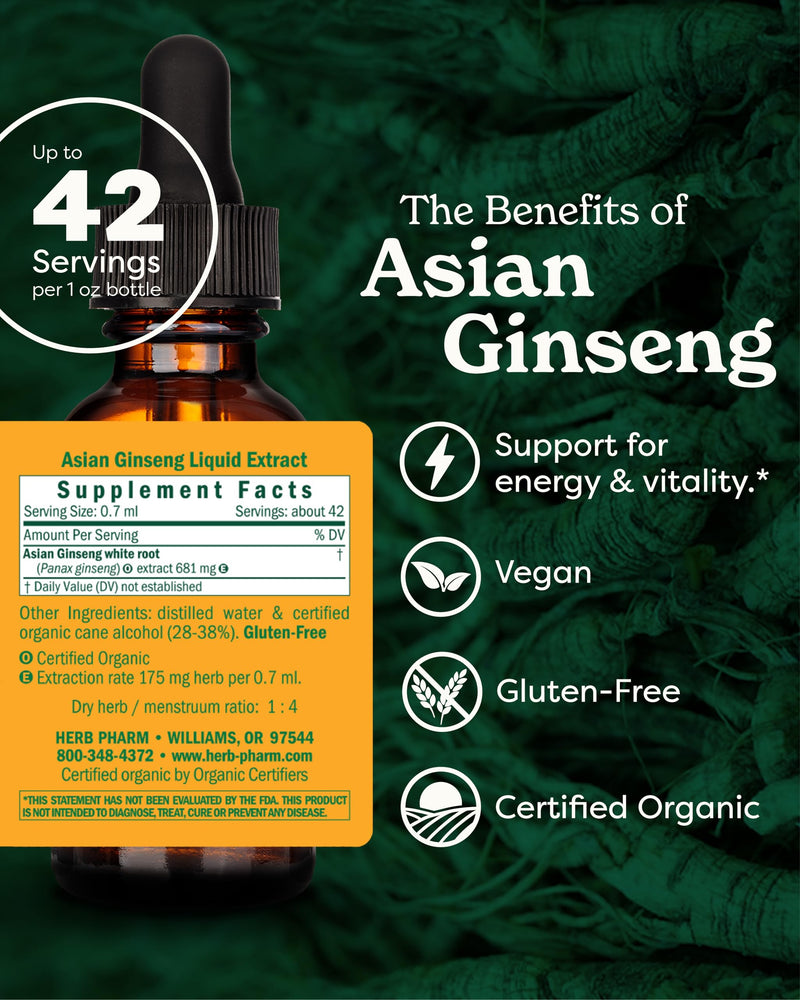 Herb Pharm Certified Organic Asian Ginseng Liquid Herbal Extract 30ml | Traditionally Used for Promoting Energy & Vitality, Supporting Focus & Cognitive Function | Adaptogenic Herbal Food Supplement