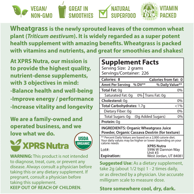 [Australia] - XPRS Nutra Organic Wheatgrass Juice Powder - Sustainably Grown - Instant Wheat Grass Juice Powder Made from Concentrated Juice - More Potent Than Organic Wheatgrass Powder - 16 Ounce 16 Ounce (Pack of 1) 