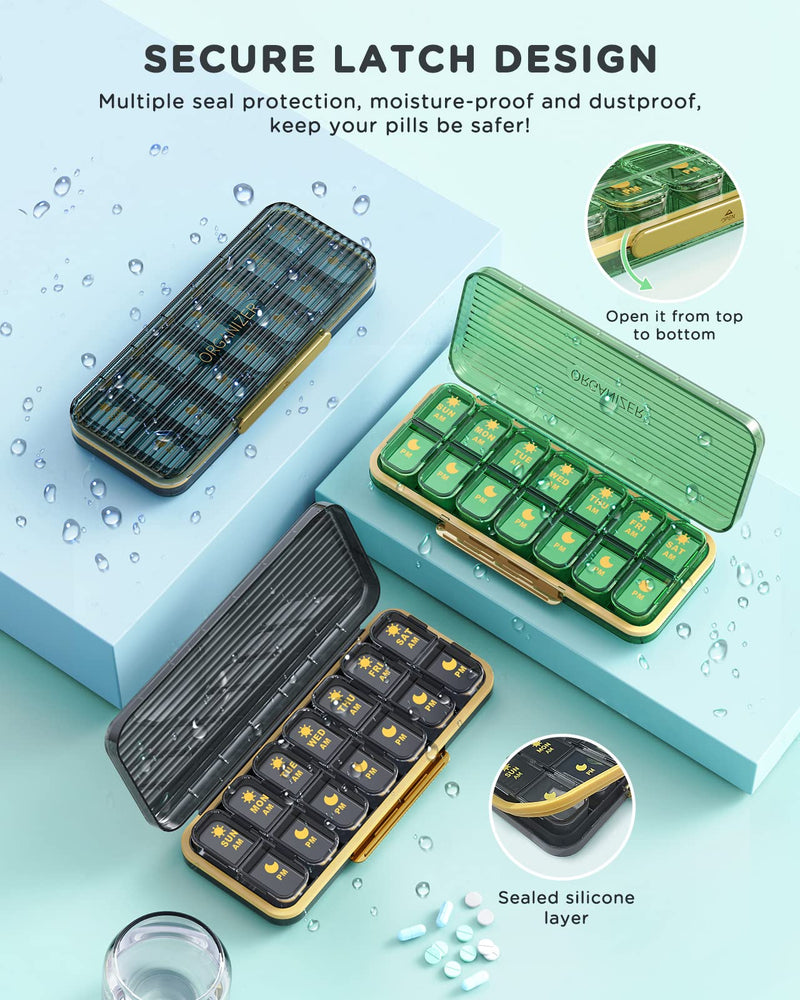 Acedada Pill Organizer 2 Times A Day, 7 Day Am Pm Pill Box, Green | Weekly Pill Organizer with Separate Container, Portable Daily Medicine Dispenser Case for Vitamin, Fish Oils, Supplements