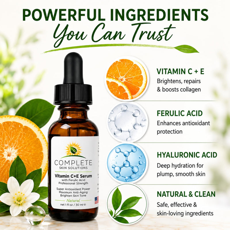 Natural Vitamin C E Serum with Ferulic Acid 1 oz | Hyaluronic Acid