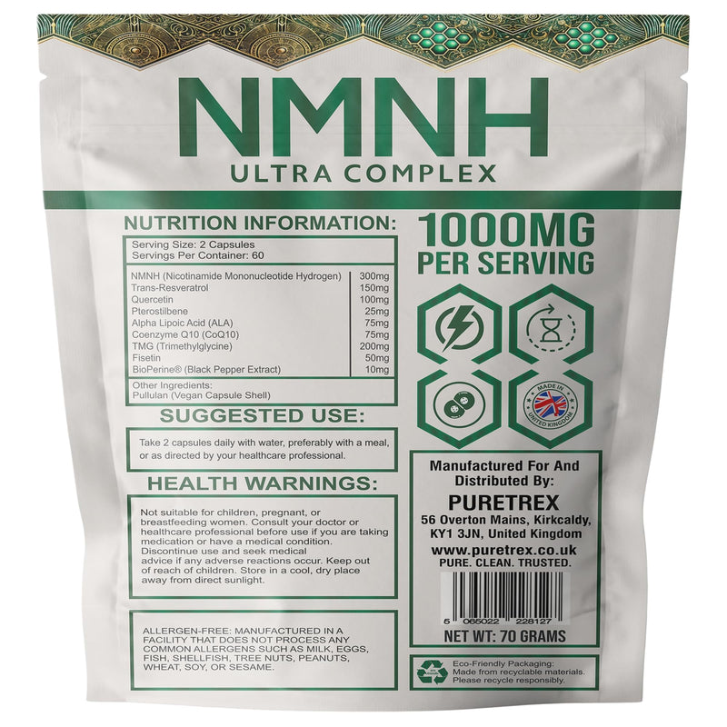 PURETREX NMNH Supplements 1000mg Ultra Complex Vegan 120 Capsules – Made in UK Alternative with Resveratrol, NAD+ Booster for Energy, CoQ10, TMG & Quercetin for Cellular Support & Healthy Ageing
