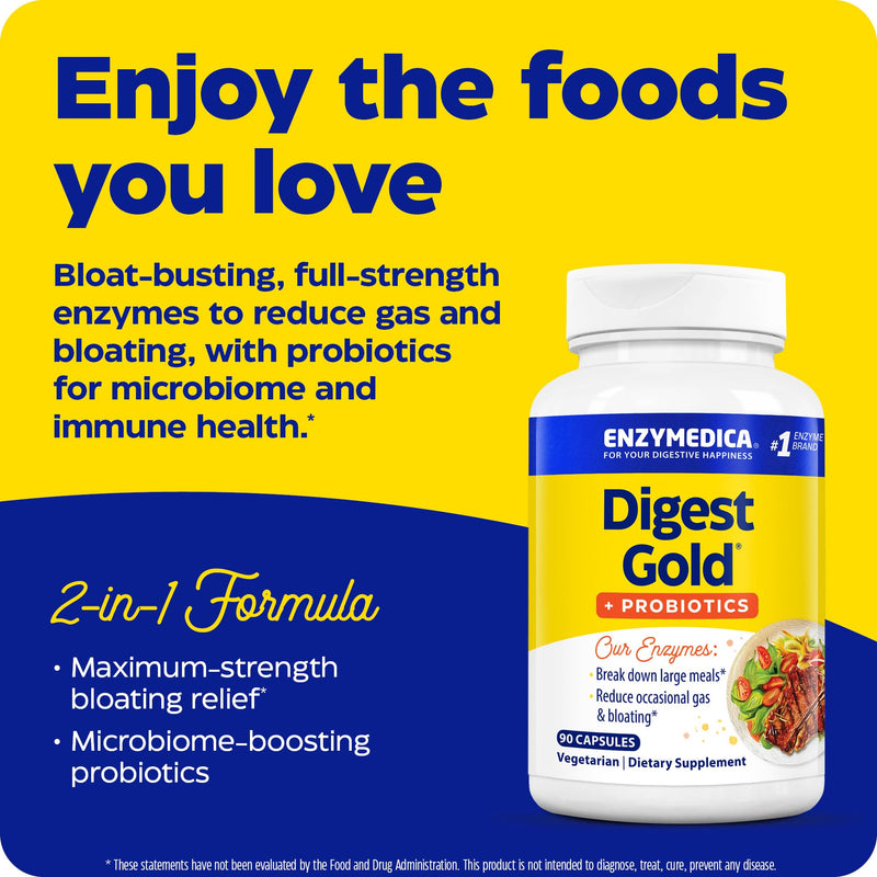 [Australia] - Enzymedica Digest Gold + Probiotics, 2-in-1 Formula for Gut Health, Digestive Enzymes & 1 Billion Active Probiotic Cultures, 90 Count (FFP) 90 Capsules (FFP) 