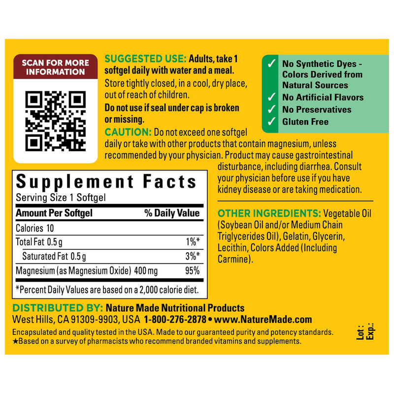 Nature Made Magnesium Oxide Extra Strength 400 mg, 60 Softgels | Magnesium Supplements for Men and Women, Support for Muscle, Nerve, Bone and Heart, 60 Day Supply 60 Count (Pack of 1)
