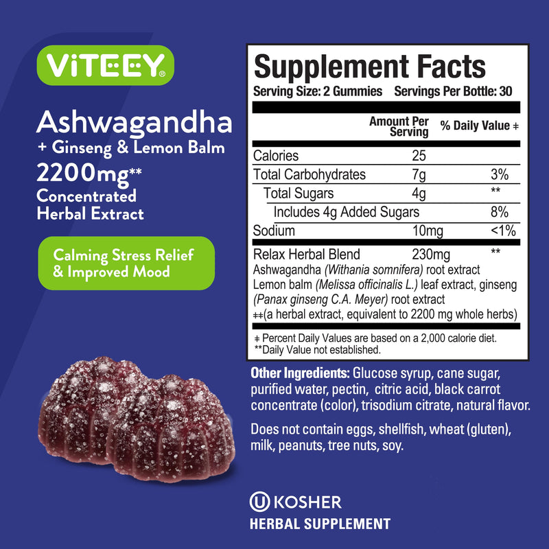 [Australia] - Viteey Ashwagandha Gummies with Ginseng & Lemon Balm - Mood, Calm & Stress Support Ashwagandha Supplements - Vegan, Gluten-Free - 120 Count 60 Count (Pack of 2) 