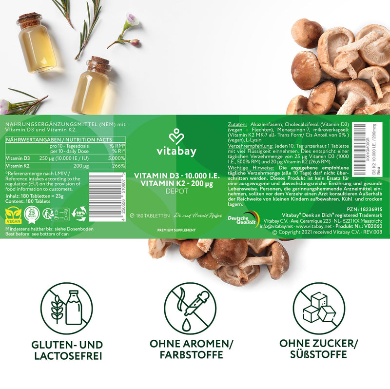 [Australia] - Vitabay Vitamin D3 K2 High Dose 10000 IU Depot - 180 Vegan & Laboratory Tested Vitamin D Tablets without Additives - Contributes to supporting the immune system and maintaining normal bones 