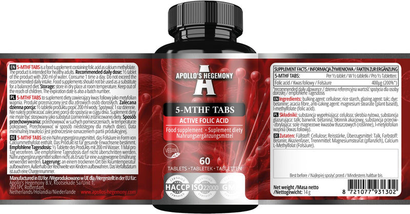 5-MTHF Tabs - 400 µg L-methylfolate per Serving - 60 Tablets - 4 Month Supply - Supports Psychological Functions and Reduces Fatigue - Dietary Supplement by Apollo's Hegemony